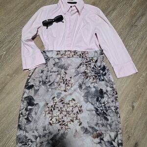 H&M Pink and Gray Watercolor Floral Pencil Skirt